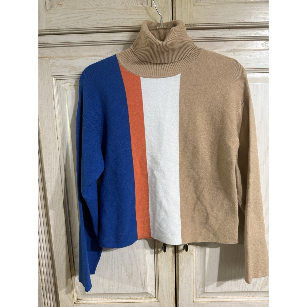 Lucy Paris Women Striped Turtleneck Sweater Small Color Block Cropped
